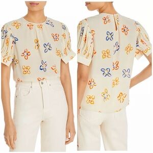 Rebecca Taylor Flame Fleur Silk Short Sleeve CreamTop size XL